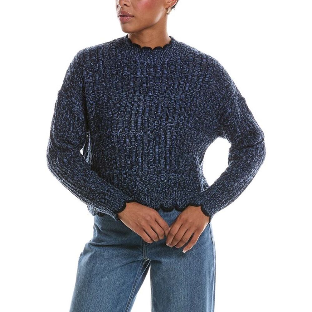 Autumn Cashmere Womens  Tipped Ladder Stitch Crewneck Sweater, Navy
